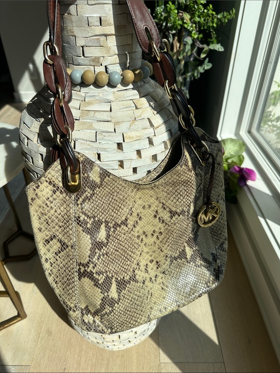 Michael Kors Handbags - Michael Kors Taupe and Brown Snake-Print Shoulder Hobo